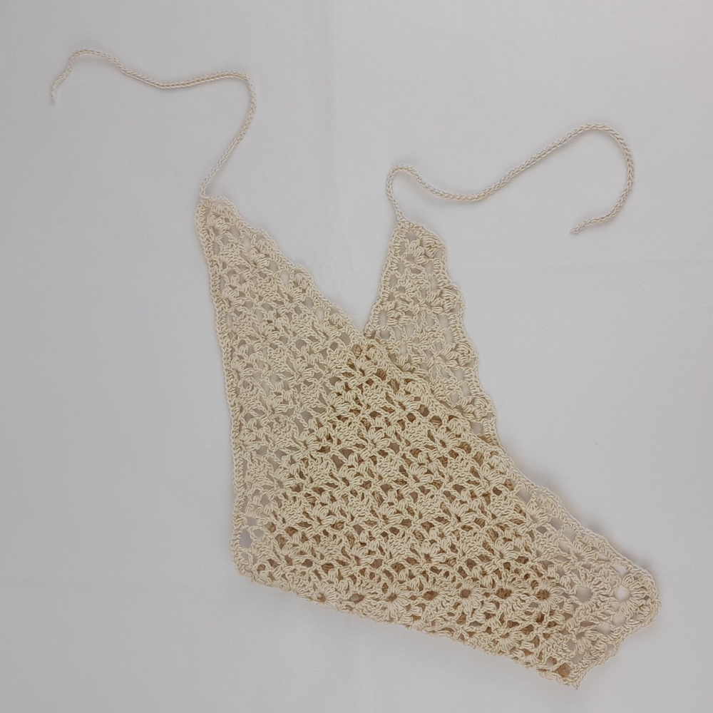 Handmade Cream Crocheted Cotton Patterned Head Hair Bandana Tie Back Kerchief - Picture 5 of 8
